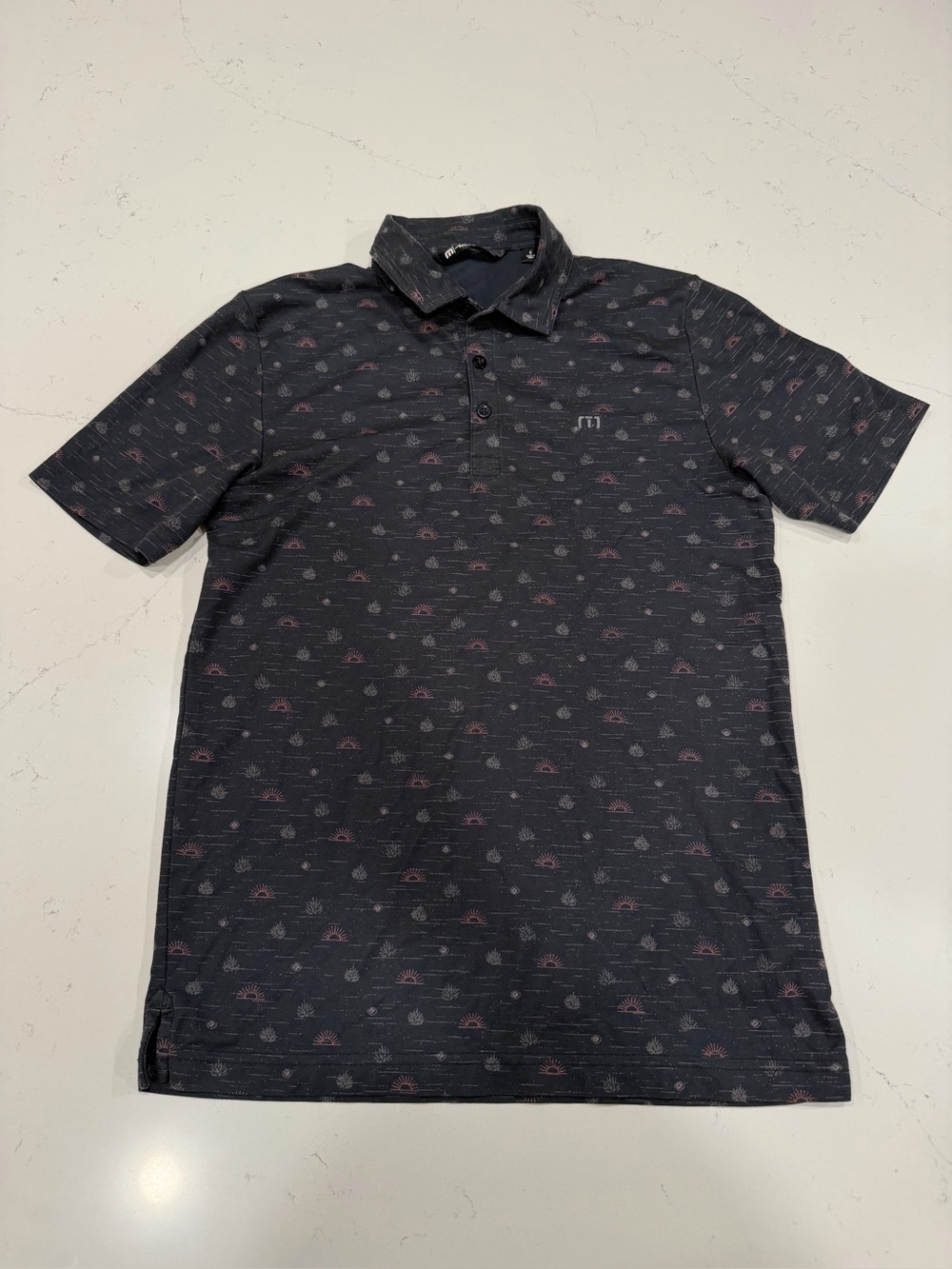Travis Mathew Men’s Black Polo with Pink Micro Pattern - Small